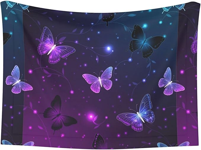 Double Sided Pet Mat for Dog Bed Topper Cat Blanket Furniture Protector, Background with Night Butterflies, Reversible Plush with Tactile Dot Pattern for Style Change
