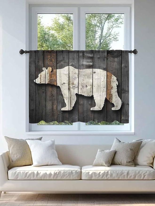 Sheer Curtains 54 Inch Length, Vintage White Brown Bear Semi Sheer Curtains