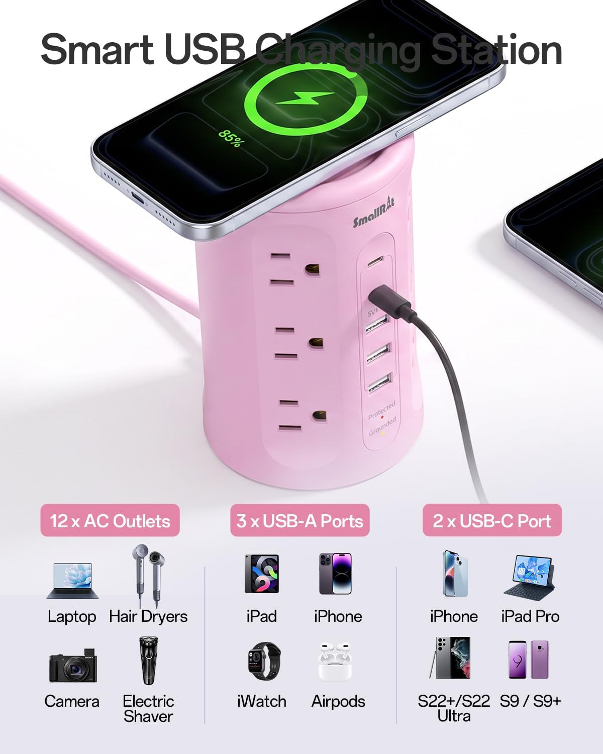 Power Strip with USB Ports,Extension Cord with Multiple Outlets (12AC+3A+2C), 6.5 FT Desk Pink Power Strip Tower Charging Station for Home, Office, College Dorm Essentials