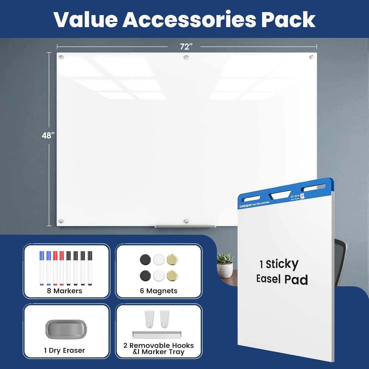 Large Glass Whiteboard, Enhanced Magnetism Glass Dry Erase Board for Wall, 72" x 48" Magnetic Pure White Tempered Glass Board, 6' x 4' Big White Board for Home, Office