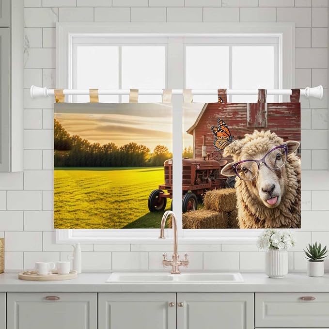 Farm Sheep Kitchen Curtains 24 Inch Length, Small Window Curtains Tab Top
