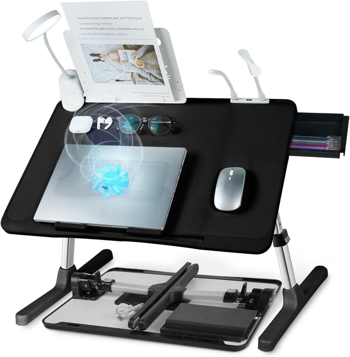 iXTRA Adjustable Laptop Lap Desk with Cooling Fan USB Light for Adults 60x40cm,Black