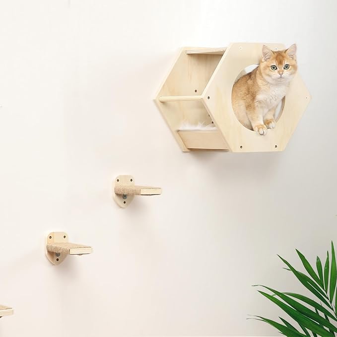 KATRIS Cat Shelves with 3 Steps Scratcher Post & Hammock, Wall Mounted Climbing Shelf for Indoor Cats (Wood)