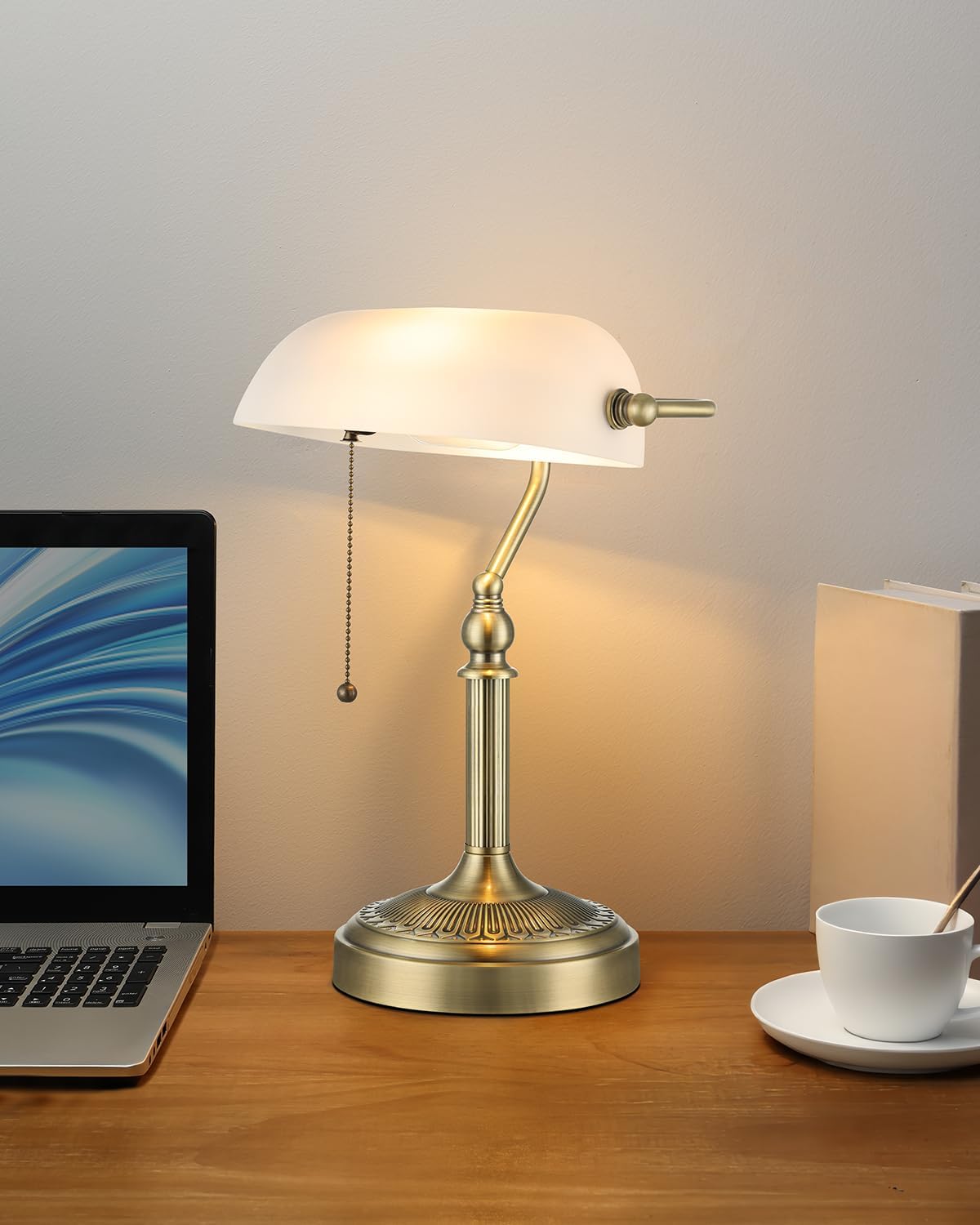 Matted White Traditional Glass Bankers Desk Lamp