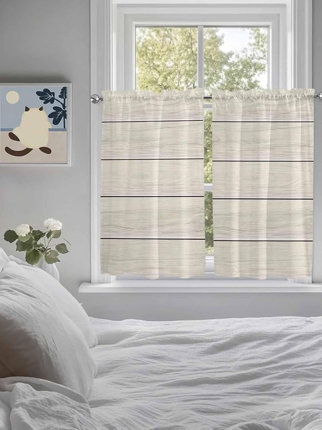 Vintage Country Wooden Board Window Valance Curtains, Gradient Wood Grain Line