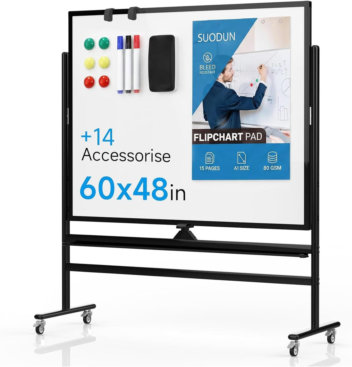 Mobile Rolling Whiteboard on Wheels 60"x 48" Double-Sided Magnetic