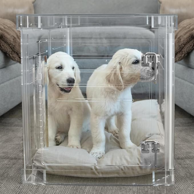 Clear Acrylic Medium Dog Crate Furniture with Linen Cushion for Medium Dogs up to 40 lbs, 3 in 1 Pet Crate and Gate, Modern Furniture Style Indoor Kennel, Dual Silver Latch, 20 x 30 x 22 in