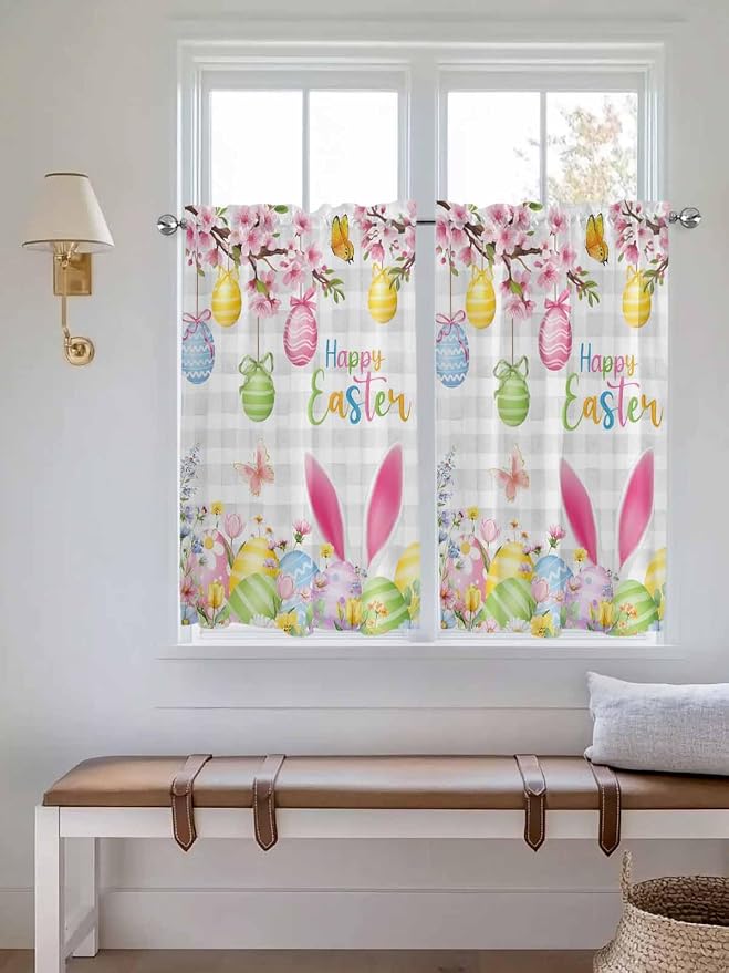 Happy Easter Kitchen Curtains 45 Inches length, Spring Watercolor Bunny Eggs