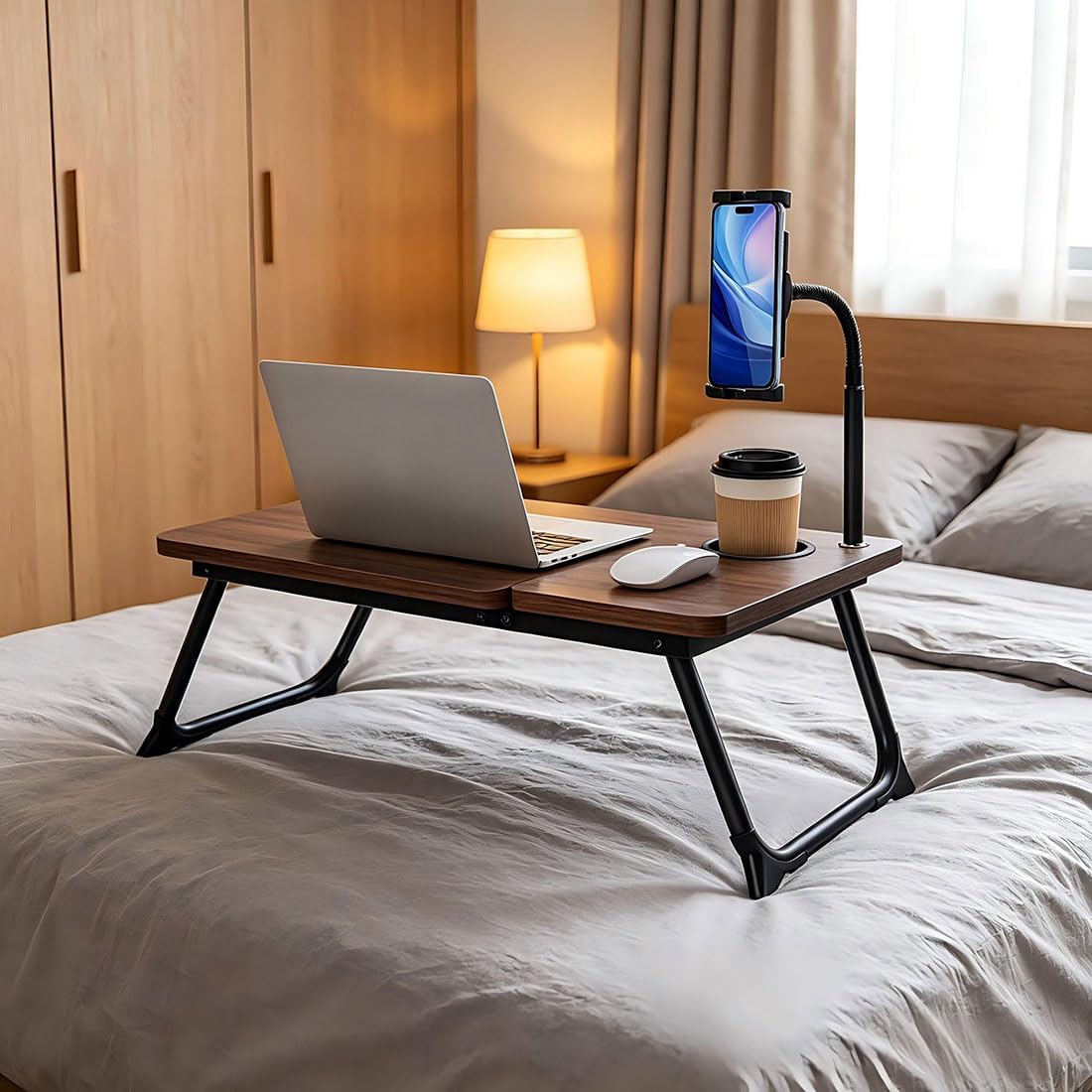 wishacc Lap Desk for Bed, Foldable Laptop Bed Tray Table with Independent Adjustable Tablet & Phone Stand, Portable Work from Couch Desk Tray with Mouse Area, Computer Laptop Holder for Recliner Sofa