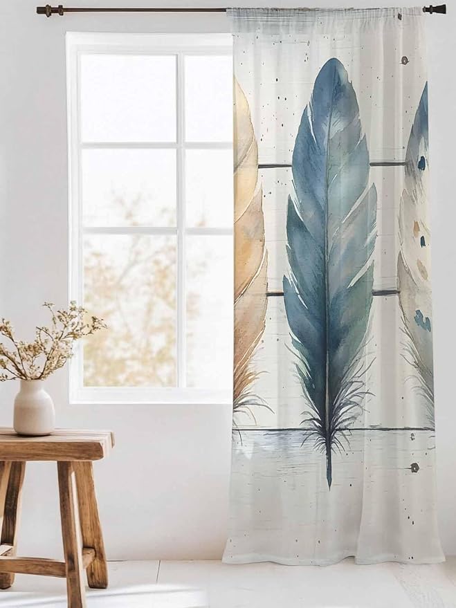 Sheer Curtains 96 Inches Long, Boho Blue Feathers Semi Sheer Curtains Light