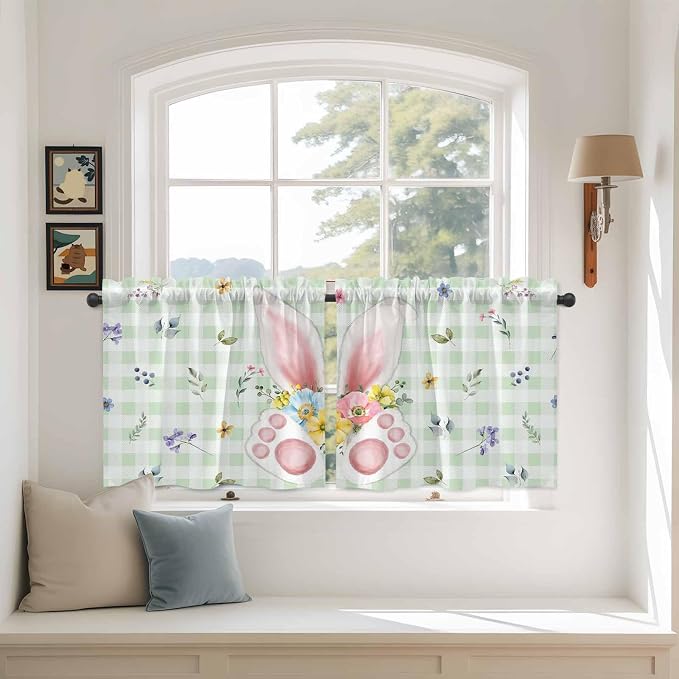 Easter Kitchen Tier Curtains 24 Inch Long 2 Panel Set, Rod Pocket Cafe Small