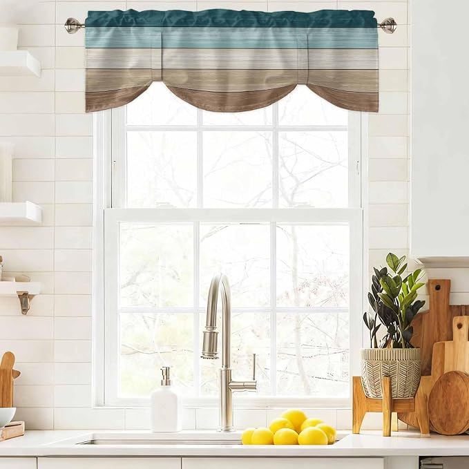 Teal Brown Tie Up Valance Curtains