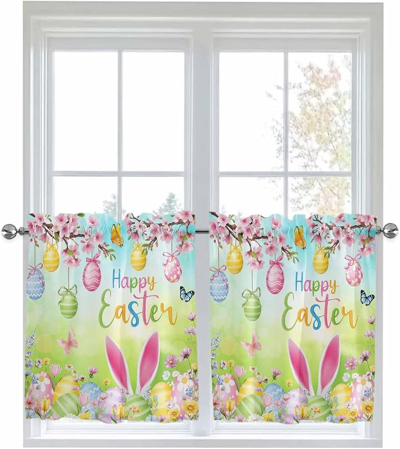 Easter Half Window Curtains 24 Inches Long, Spring Bunny Colorful Rabbit Eggs