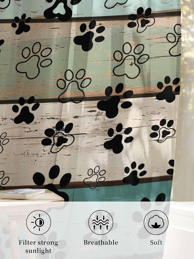 Sheer Curtains 108 Inches Long, Sage Green Brown Paw Prints Semi Sheer Curtains