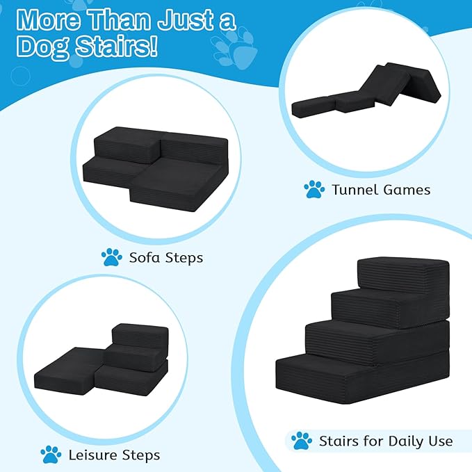 Dog Stairs for Small Dogs, 4 Step Pet Stairs for High Beds and Couch, Dog Steps for Bed Balanced 18" H, Foldable Pet Ramp for Large Cats Climb, Non-Slip Bottom Doggy Step, Black