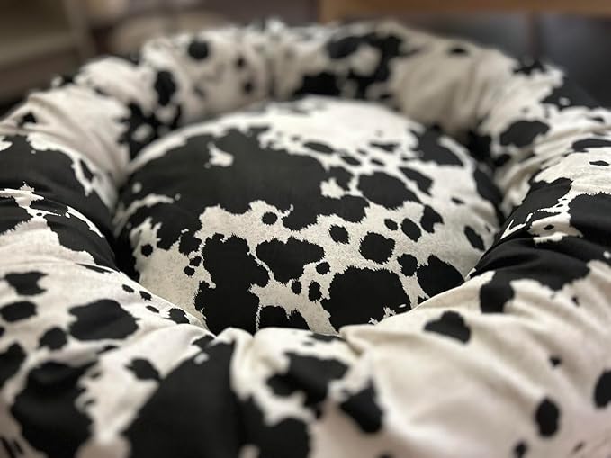 Organic Cotton Canvas Dog Bed: Removable Cover, Natural Fill - Made in USA (Cow Print Black White, Small 24" x 7" inches)