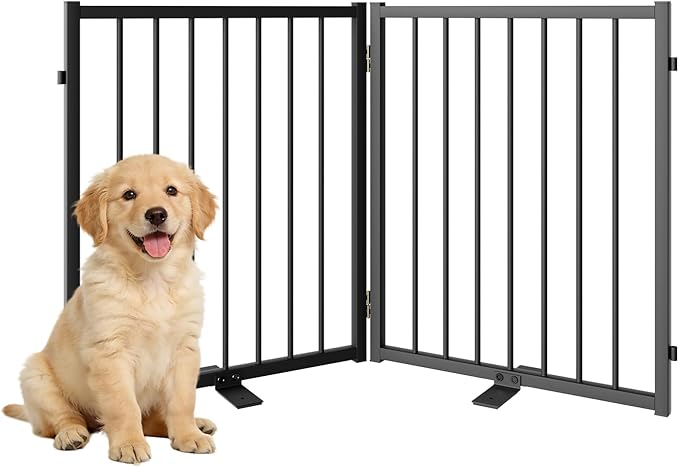 Full Metal Freestanding Dog Gate with Door, 24'' Height Foldable Pet Dog Fence for Indoor & Outdoor, 2 Panels Extra Wide Free Standing SmallDog Gates for Doorways,House,Stairs,Porch,Deck,Yard