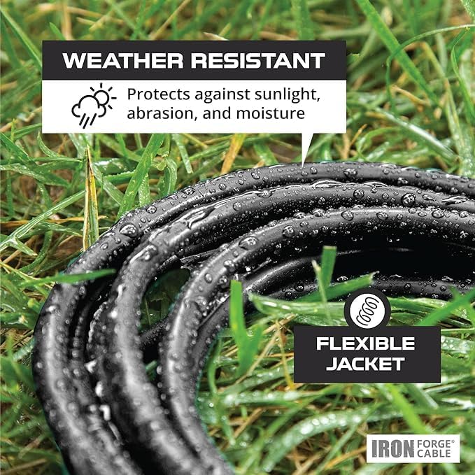 Iron Forge Cable 10 Gauge 25ft Lighted Outdoor Heavy Duty Extension Cord with 3 Outlets - 15 Amp 10/3 SJTW Black Extension Cord with Multiple Outlets