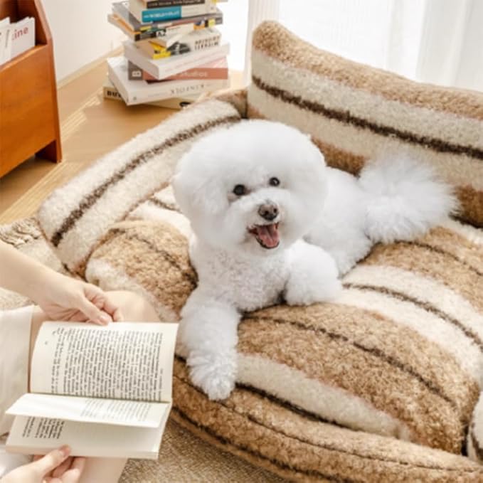 Lazy Holiday Plush Cozy Dog & Cat Sofa Bed, Teddy Velvet Dog Bed, Trendy Striped Faux Lambswool Double Layer Dog & Cat Sofa Bed Dogs Sleeping Mat for Medium Small Dogs & Cats (A-1,L)