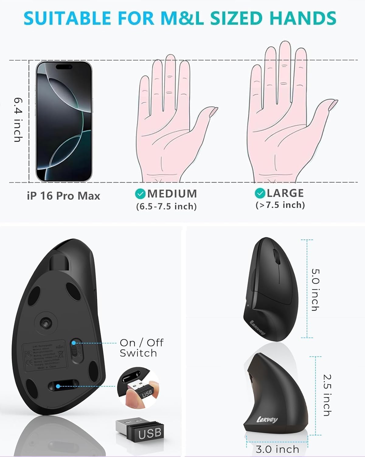 Lekvey Ergonomic Mouse, Rechargeable 2.4G USB Vertical Wireless Mouse
