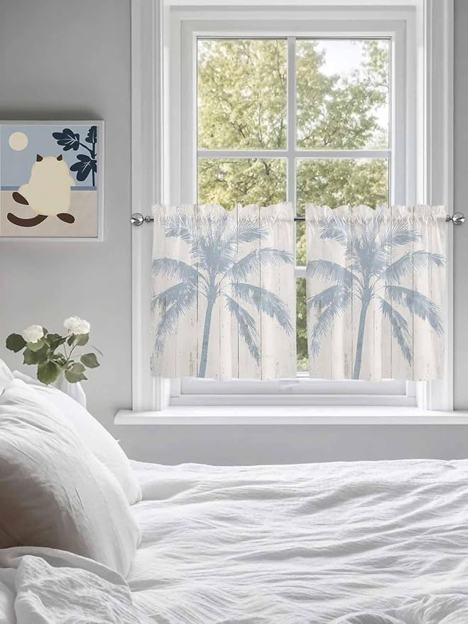 Summer Coconut Tree on Vintage Wood Grain Window Valance Curtains, Seaside