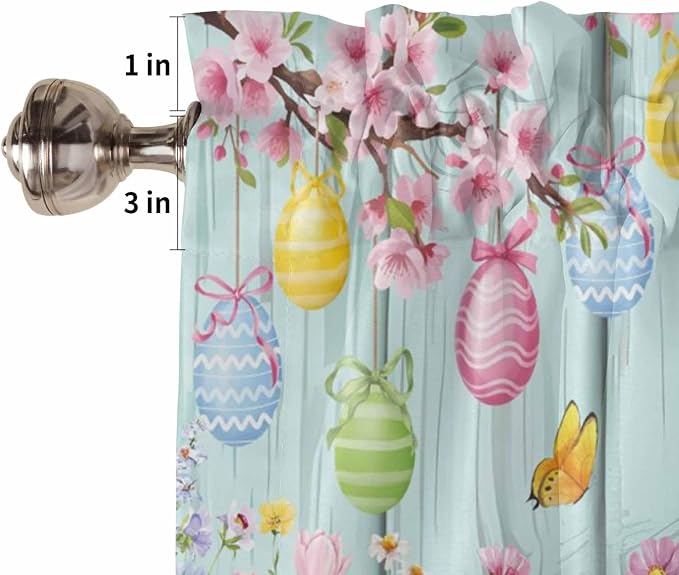 Happy Easter Kitchen Curtains 54 Inches Length, Spring Bunny Eggs Flower Teal