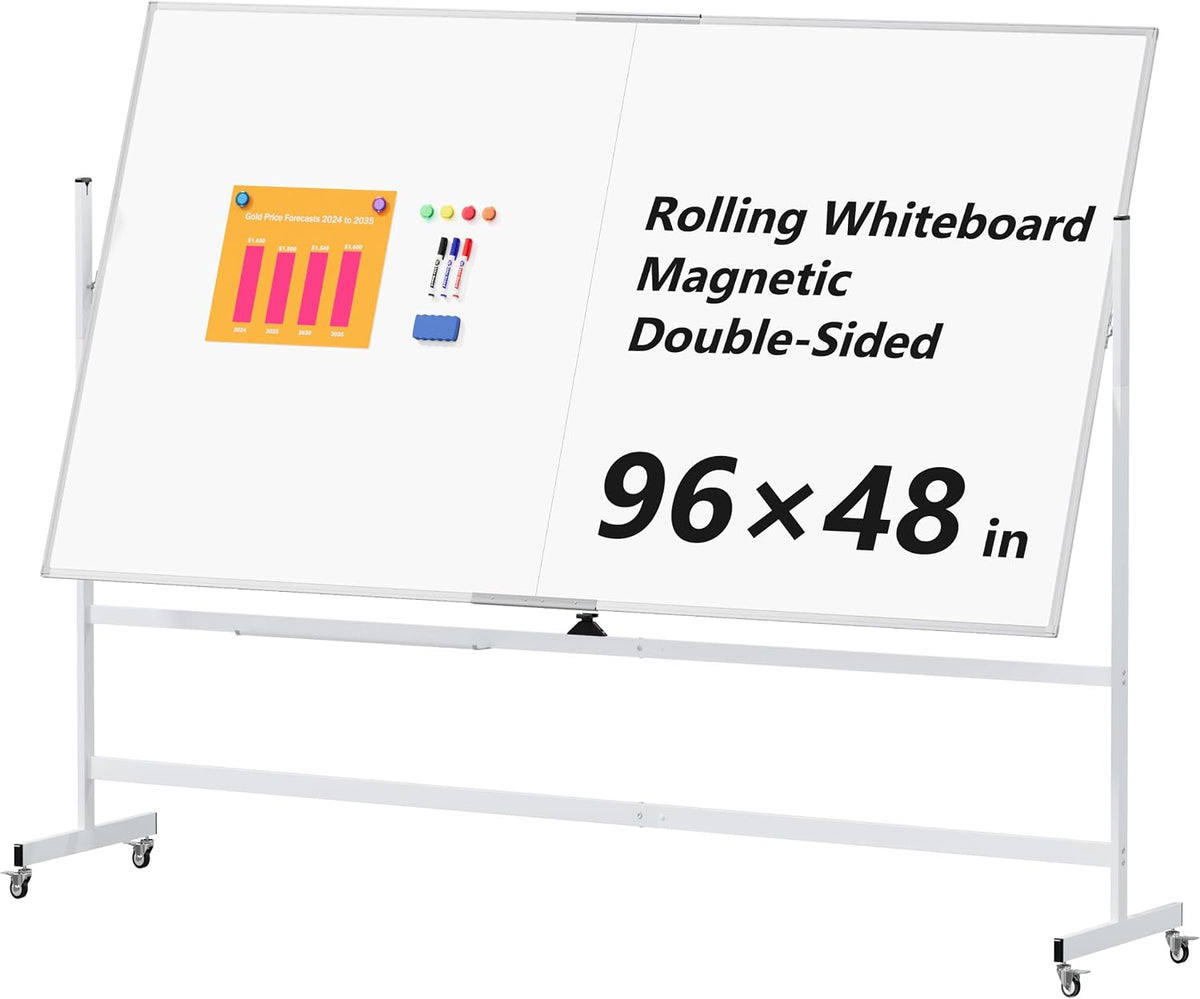 Large Rolling Whiteboard on Wheels, 96" x 48" Double-Sided Mobile White Board with Stand, 6' x 3' Portable Standing Magnetic Dry Erase Board Easel for Home Office Classroom School, Silver