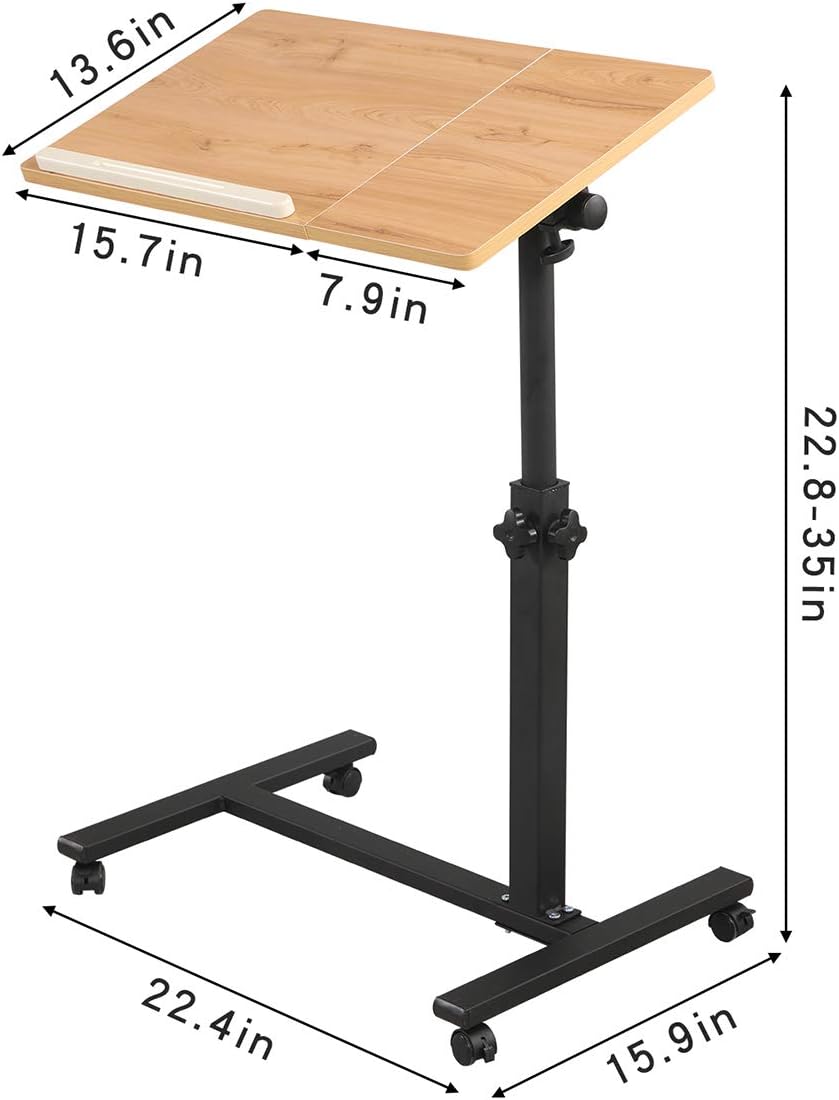 TigerDad Overbed Bedside Desk Mobile Rolling Laptop Stand Tilting Overbed Table with Wheels Height Adjustable Tray Table for Laptop Bed Sofa Side Table (Wood)