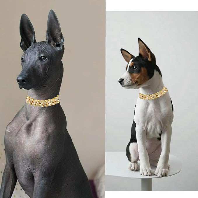 Dog Chain Designer Gold Crystal Pet Collar Cuban Link Chain with Secure Buckle Luxury Adjustable Necklacefor Small Medium Large Dogs Cats(Glod 14inch)