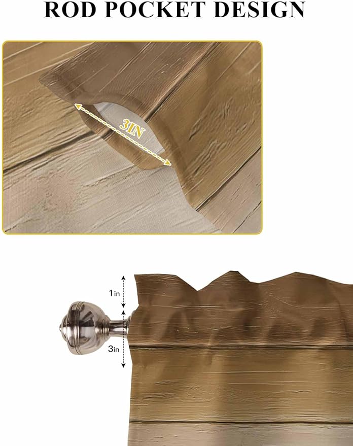 Vintage Brown Gradient Wood Grain Window Valance Curtains, Farmhouse Wood Barn
