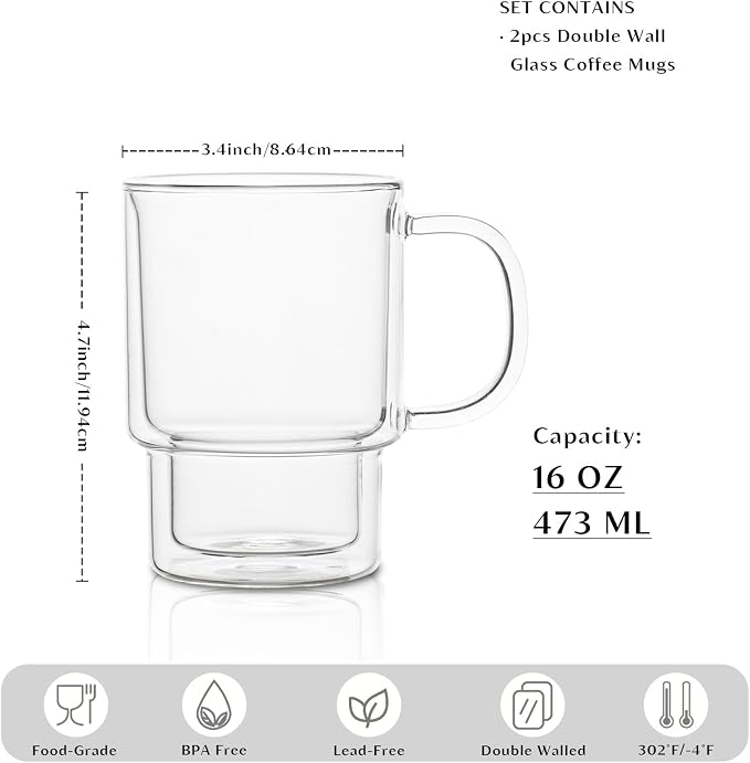 INSETLAN 16oz Double Wall Glass Coffee Mugs Set of 2, Insulated Borosilicate