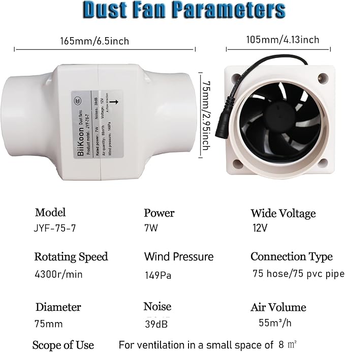 12V 3 Inch Inline Duct Fan Ventilation Exhaust Booster 32cfm Air Cooling Vent