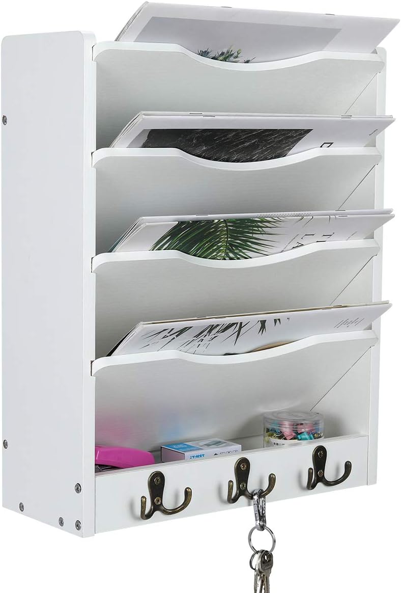 PAG-Mass 5-Tier Wall File Holder Hanging Mail Organizer Wood Magazine Literature Rack with 6 Hooks, White