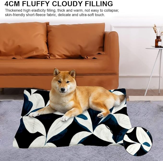 Modern Navy White Graphic Floral Medium Pet Bed Pet Crate Mat Puppy Crate Pad Bed for Washable Non-Slip Washable Dog Beds for Crates Cusion Dog Mattress Little Indoor Outdoor 36X24 Inch