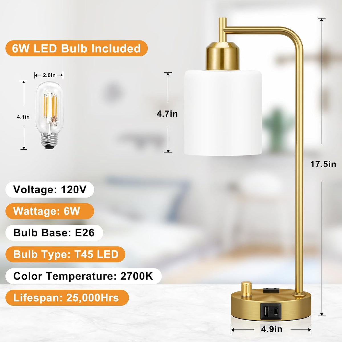 Innqoo Gold Lamp for Bedroom - Industrial Bedside Table Lamp with USB Port and Outlet, Fully Dimmable Nightstand Lamp with Opal Glass Shade, Small Desk Lamps for Home Office