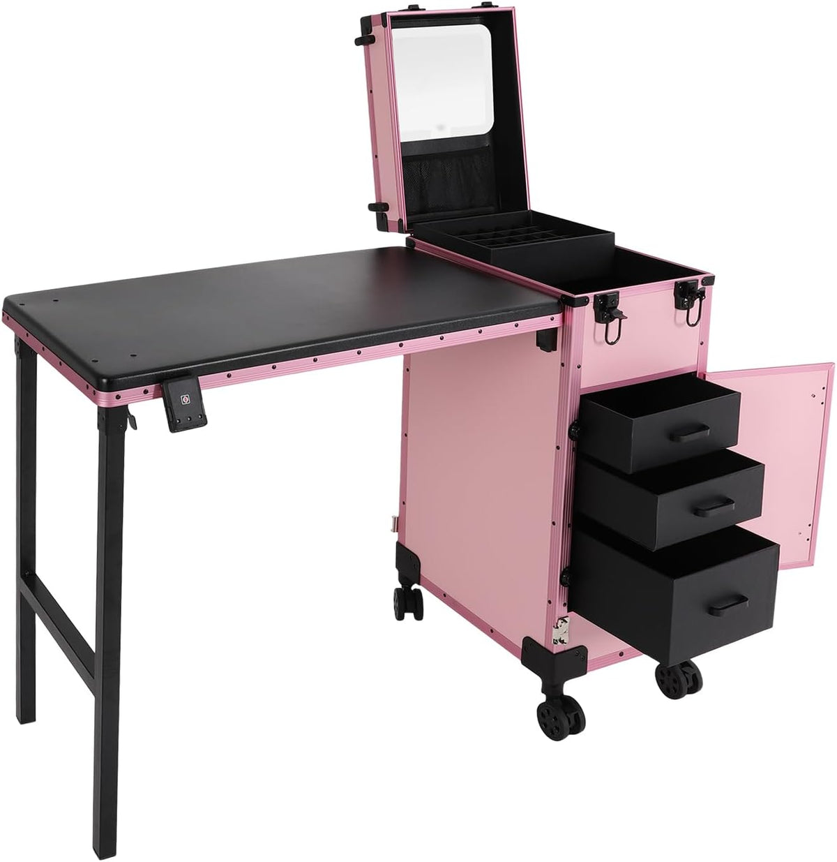Professional Rolling Makeup Case, Foldable Nail Tables, Portable Manicure Table with 3 Drawers & LED Mirror, Trolley Storage Organizer, Pink Lockable Nail Table, Artist Travel Organizer