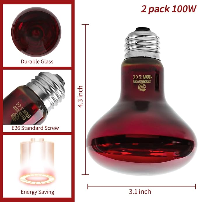 Reptile Heat Lamp Bulbs,Infrared 100W Reptiles & Amphibians Basking Spot Lamp Bulb, 2 Packs Red Heat Emitter Light for Chickens Coop