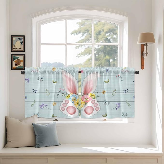 Easter Kitchen Tier Curtains 36 Inch Long 2 Panel Set, Rod Pocket Half Window