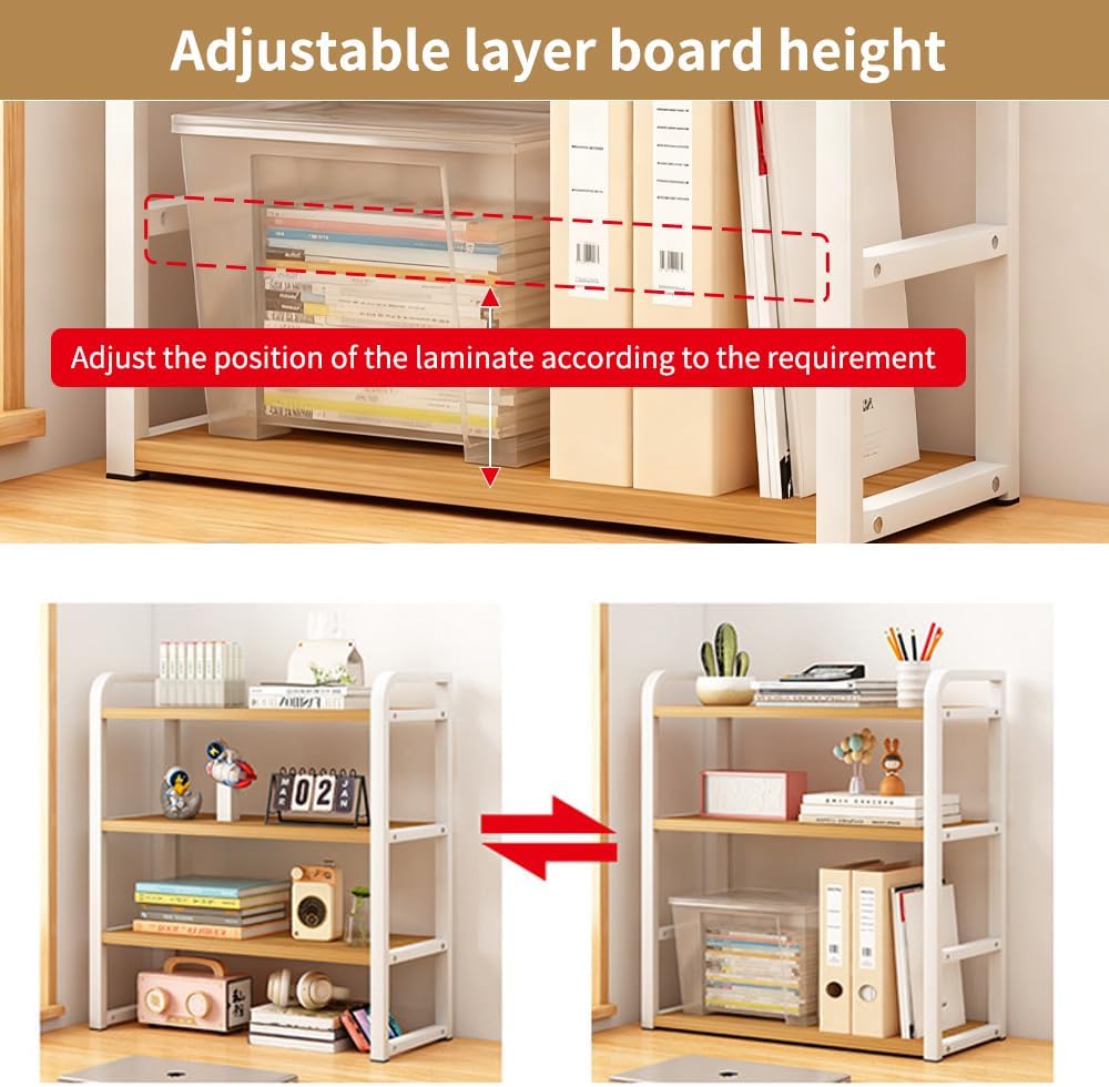 Office Desk Shelf Organizer, Wood Desktop Bookshelf Supplies Storage Rack, Shelf for Top of Desk and Dresser and Cubicle Decor Aesthetic Bookshelf (White White-three Tier, 11.81 Lx7.87 Wx22.05 H)