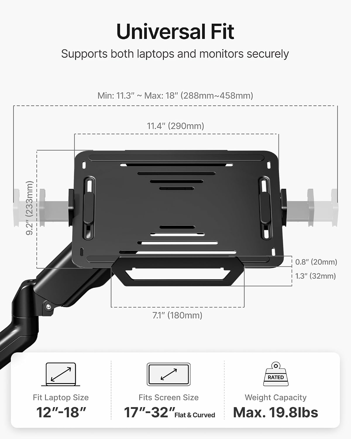 monTEK 2-in-1 Laptop Wall Mount, Fits 12–18" Laptops & 32" Monitors，Black