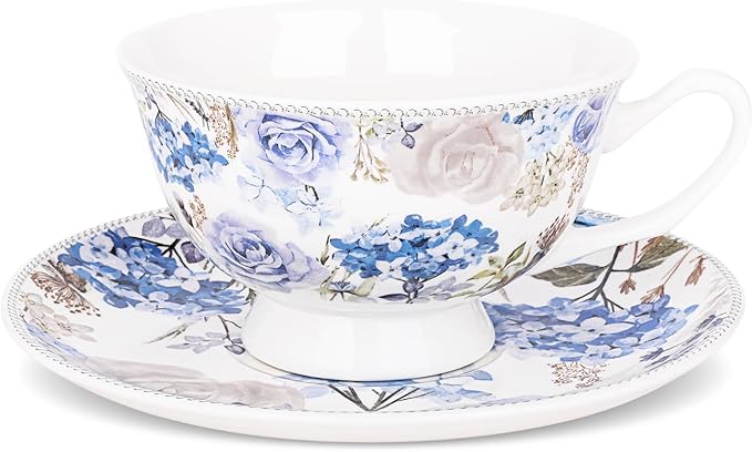 fanquare 6 oz Blue Rose and Hydrangea Porcelain Tea Cup and Saucer Set |