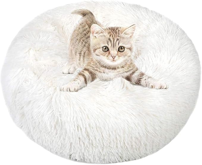 otoez Kitten Puppy Bed Extra Small XS Round Dog Cat Beds Anti Anxiety Plush Pet Calming Donut Bed with Non-Slip Waterproof Bottom, Washable (15.7", White)