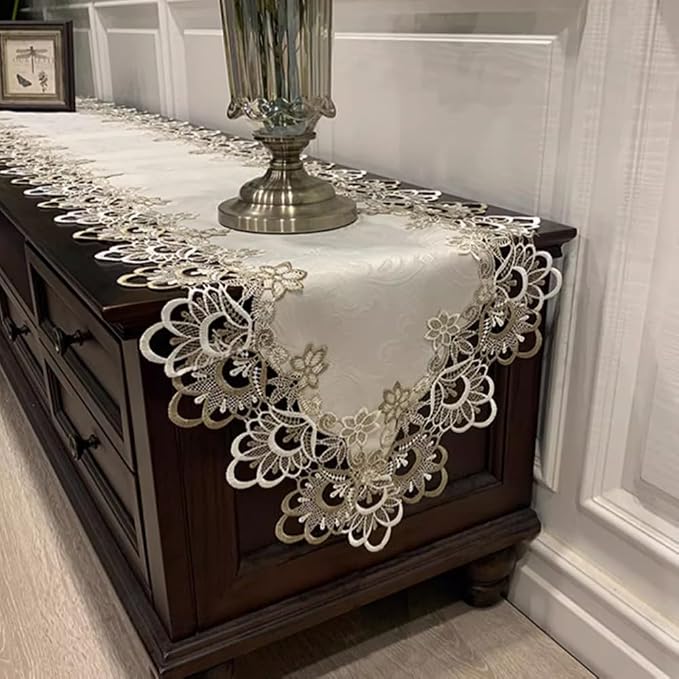 Sandweek Washable Lace Floral Embroidered Rectangle Table Runner Scarf Wedding