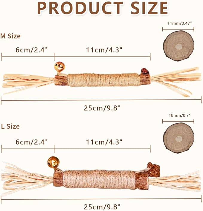 Natural Dried Matatabi Cat Chew Stick with Gall Fruit, Raffia Grass & Bell Cat Ball Toys, Handmade Silvervine Sticks Interactive Catnip Toys for Teething & Entertainment (Size M Color G)