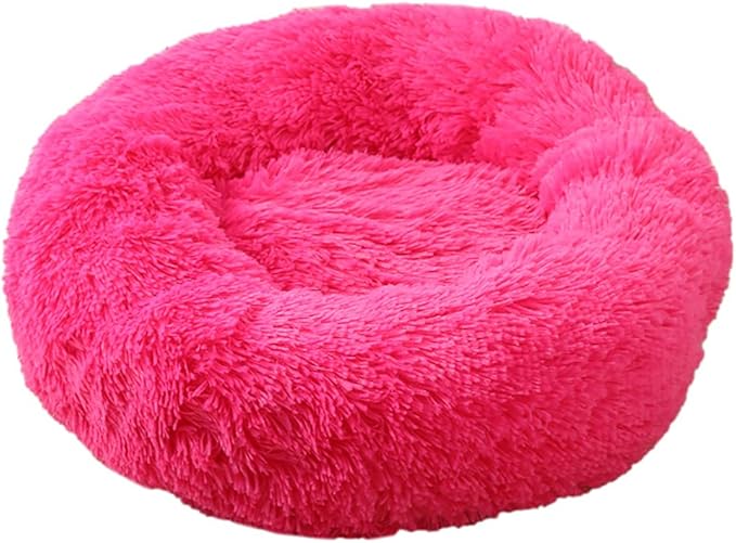 Calming Faux Fur Dog Beds Calming Donut Cuddler Dog Bed Washable Round Cat Bed Pillow Cuddler Fluffy Indoor Dog Calming Beds with Anti Slip Bottom Solid Color Hot Pink 43 Inch