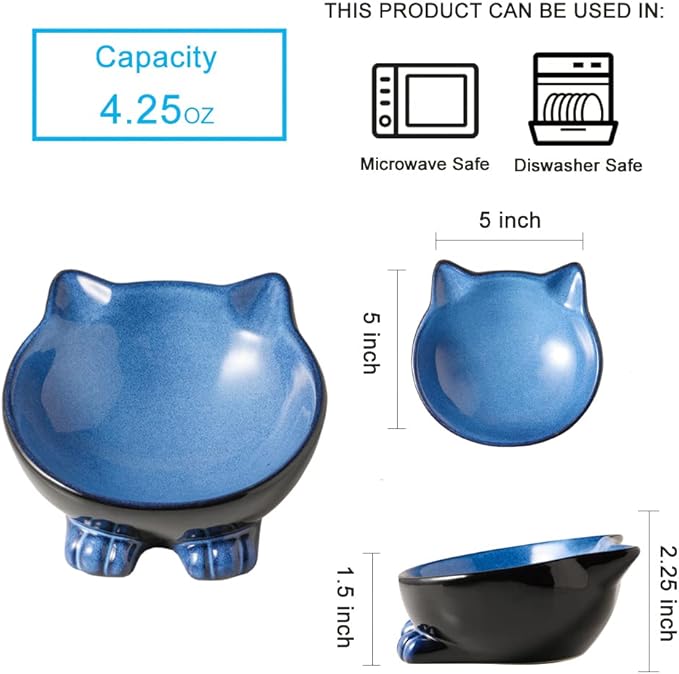 Nihow Ceramic Basic Cat Bowl: 5 Inch Cat Dish for Food & Water - Food Grade, Microwave & Dishwasher Safe - Elegant Blue & Black (4.25 OZ /1 PC)