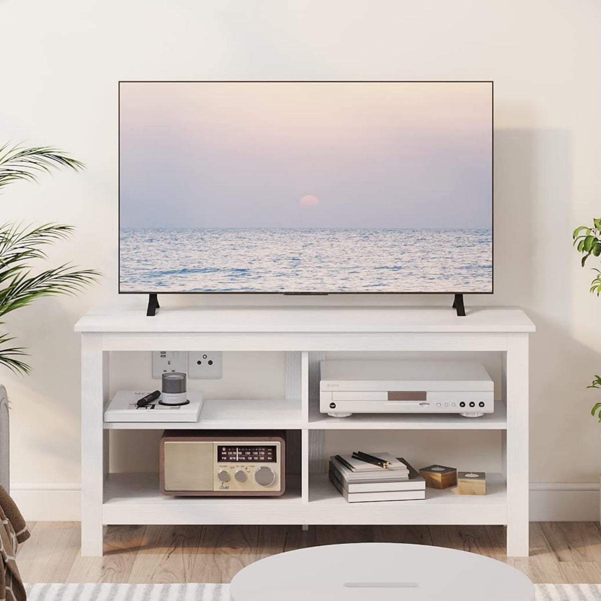 Gyger 43 Inches TV Stand,Mid Century Modern Entertainment Center with 4 Open Shelves Farmhouse TV Media Console Table for Living Room,Bedroom,Television Stand up to 50 Inches(White)