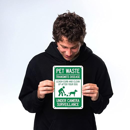 Pet Waste Leash-Curb and Clean Up After Your Dog Under Camera Surveillance Sign, 10x7 Inches, Rust Free .040 Aluminum, Fade Resistant, Made in USA