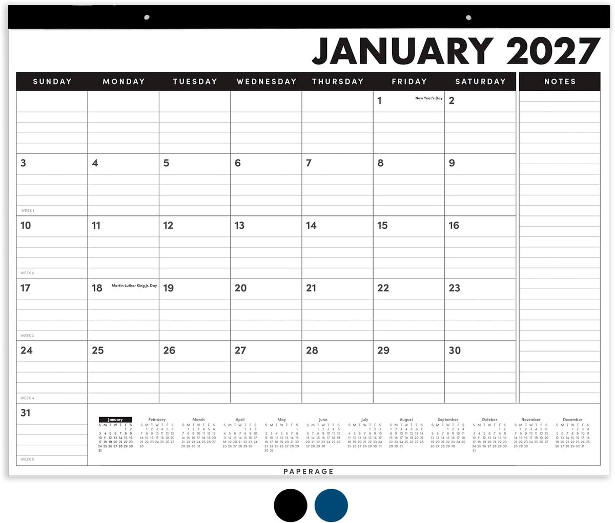 PAPERAGE 2027 Calendar, 12 Months (January 2027 - December 2027), Large (17 in x 22 in), Minimalist Wall and Desk Calendar with Monthly Views, Yearly Plans & Notes Section – Black