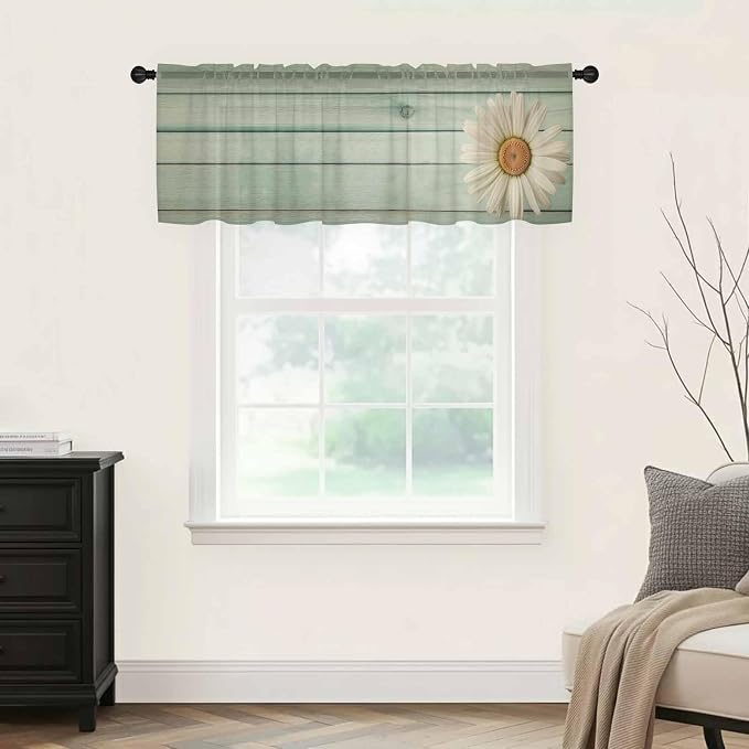 Daisy Flower Sheer Valances for Windows 60"x18", Light Filtering Kitchen